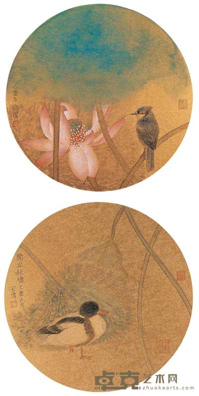 江宏伟 2005年作 荷塘镜片（二帧） 镜心 直径31.5cm×2